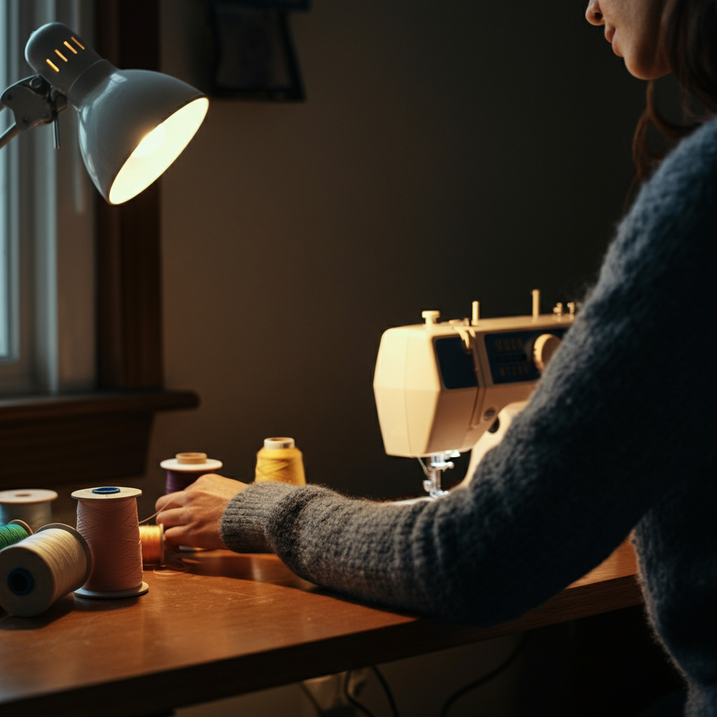 An organized sewing station with various spools of colorful thread, a sewing machine in the background, soft bokeh effect, natural light from a nearby window.