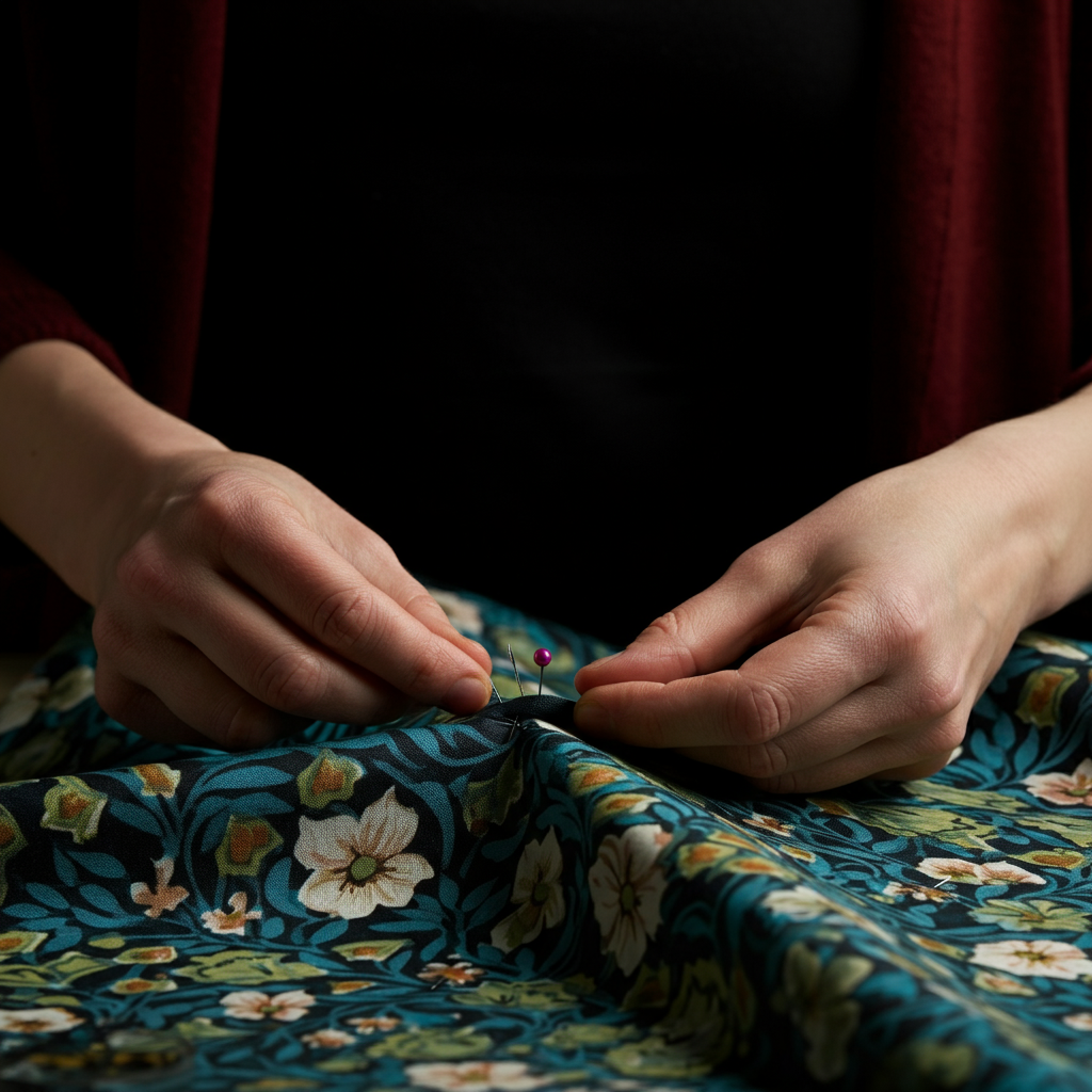 Hands pinning two layers of colorful patterned cotton fabric together on a well-lit crafting table, focus on the precision of the pinning and the texture of the fabric.