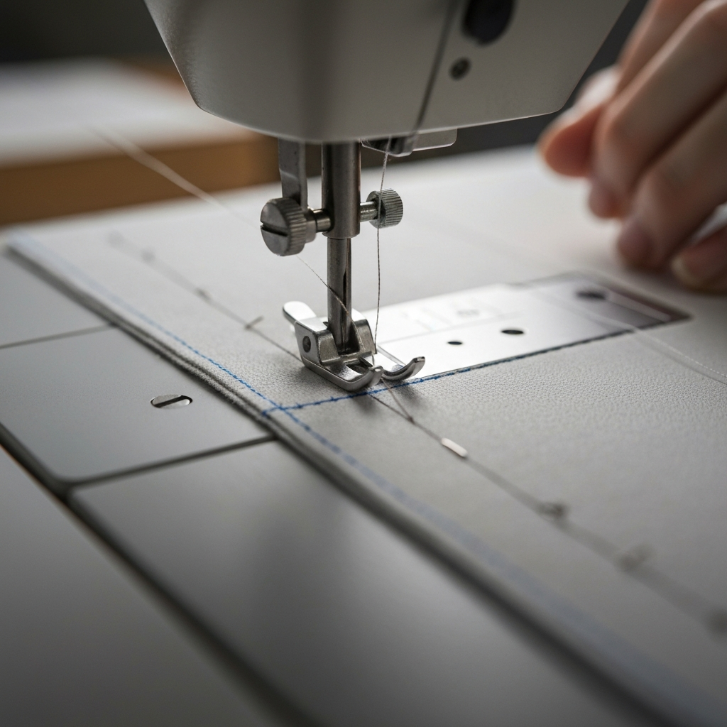 A sewing machine needle stitching along a pinned seam of fabric, close-up shot with shallow depth of field, highlighting the thread and fabric texture.