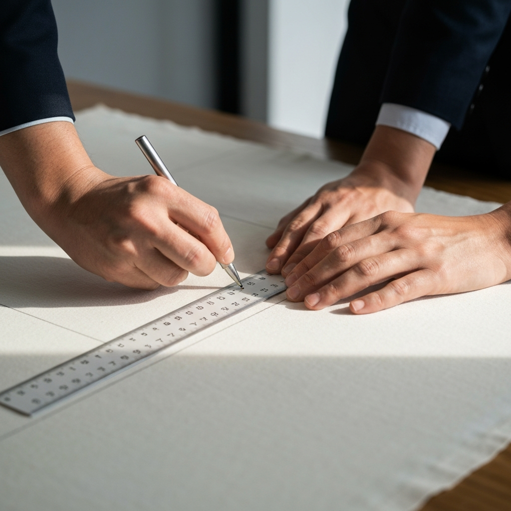 Hands drawing straight lines on light-colored fabric using a ruler and chalk, good lighting to clearly show the markings.