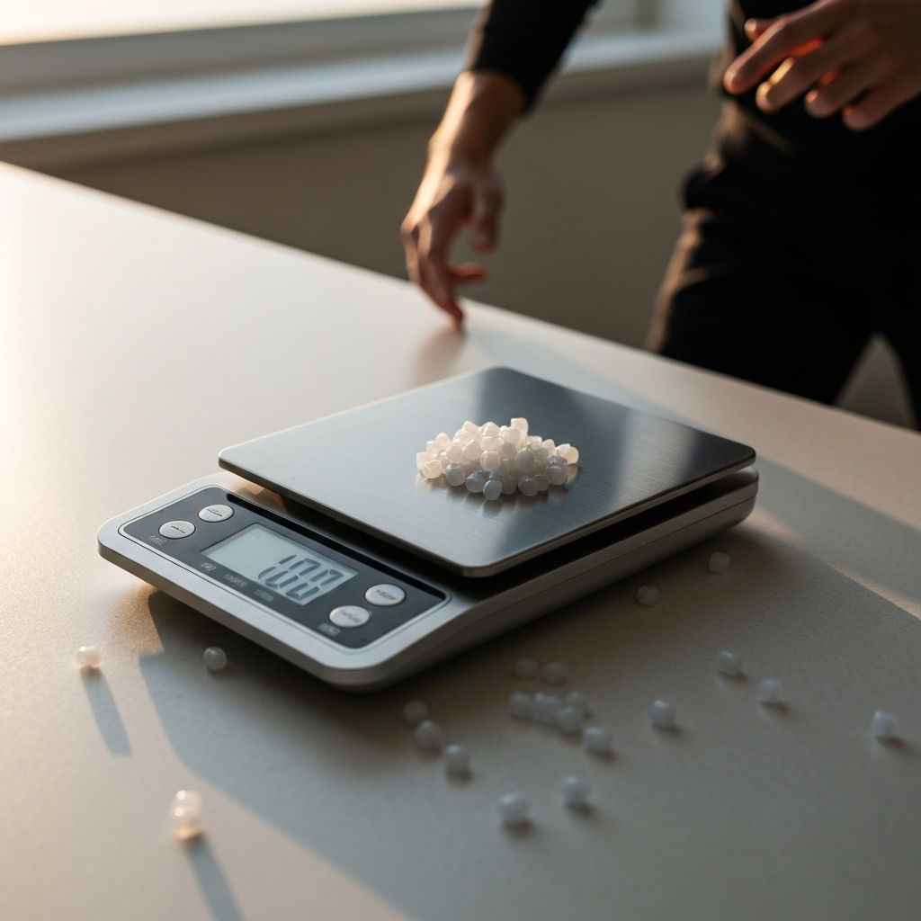 A digital kitchen scale displaying a weight measurement, with small plastic poly pellets scattered around it on a clean countertop, soft, diffused light.