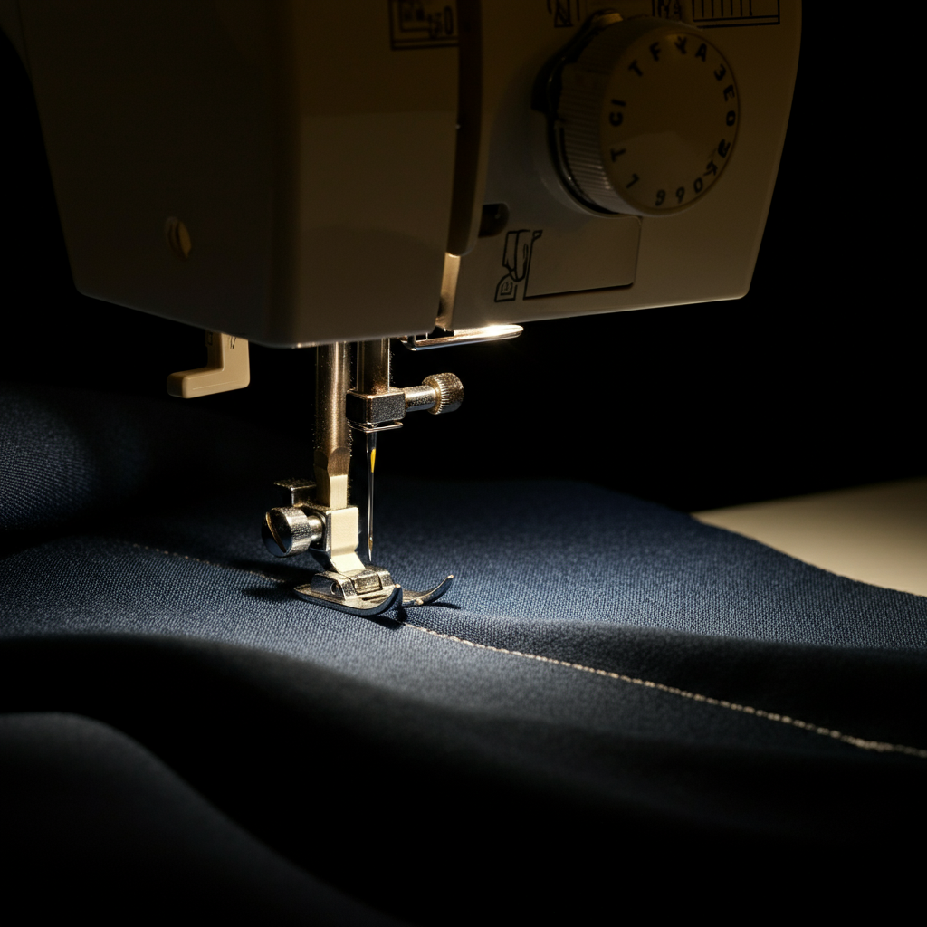 Sewing machine stitching a straight line on a fabric, close up with side light and focus on needle.