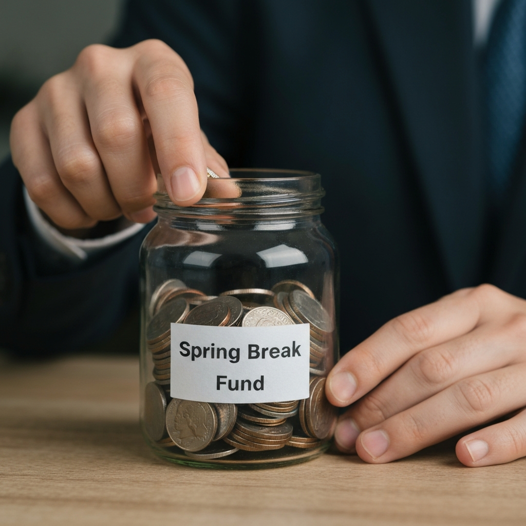 A close-up shot of a person's hand placing coins into a glass jar labeled "Spring Break Fund". The light is soft and diffused, highlighting the texture of the coins. Focus on the coins glistening inside.