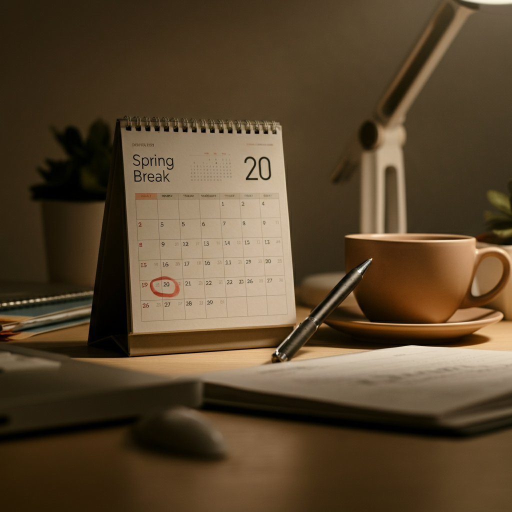 A neatly organized office desk with a calendar prominently displaying the spring break dates. A pen rests on top of the calendar, indicating a marked date. Soft, natural light fills the room, creating a sense of calmness and preparation.