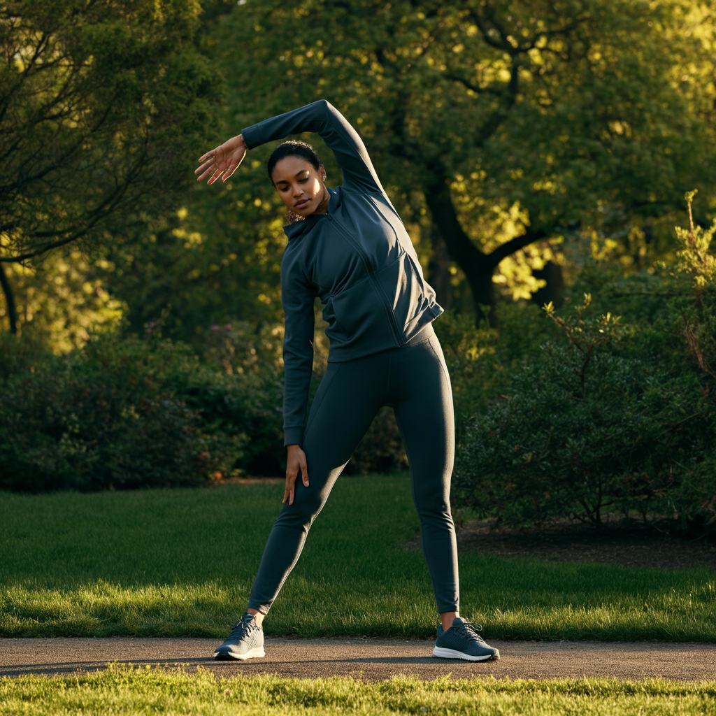A person in athletic wear is stretching in a bright, airy park with lush green trees in the background. Golden hour lighting casts a warm glow on the scene.
