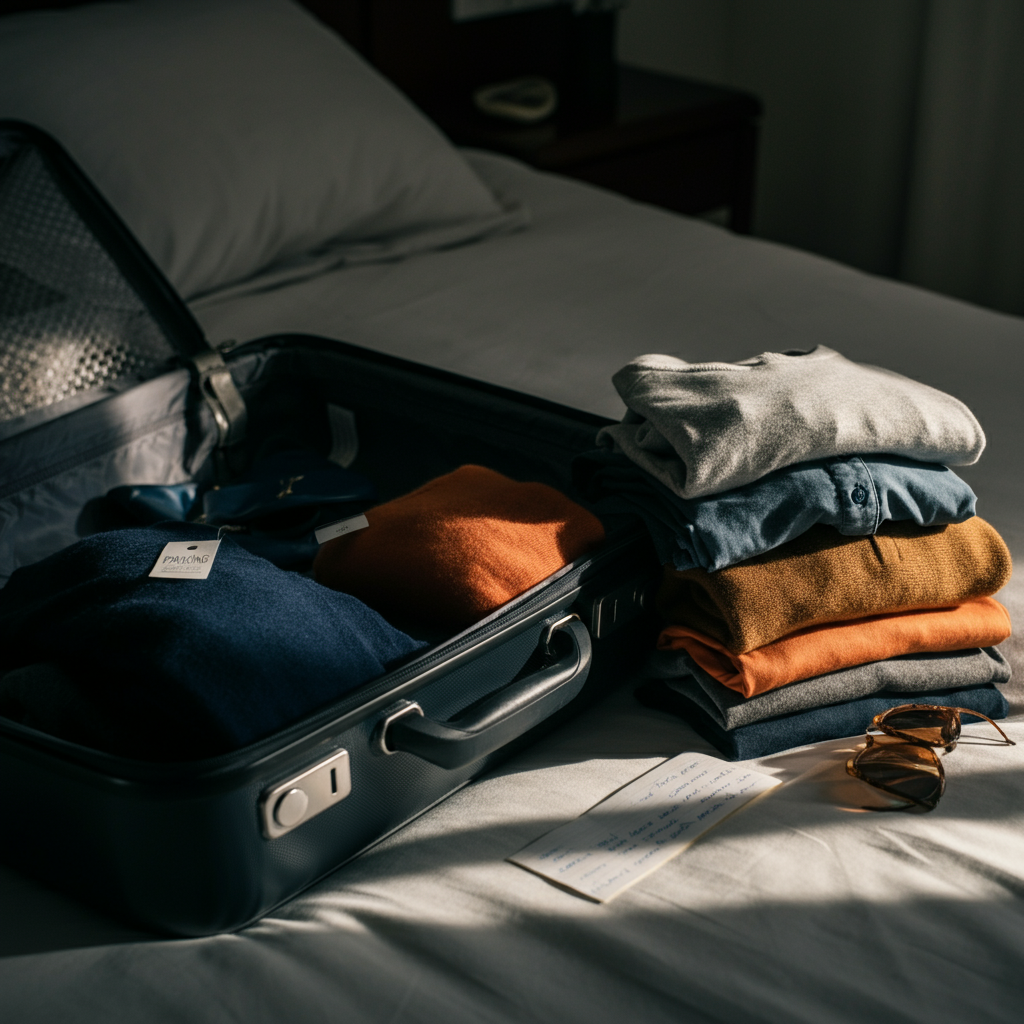 A partially packed suitcase on a bed, with a handwritten packing list lying next to it. Items of clothing are neatly folded beside the suitcase. Natural light streams in from a nearby window, illuminating the textures of the fabric and paper.