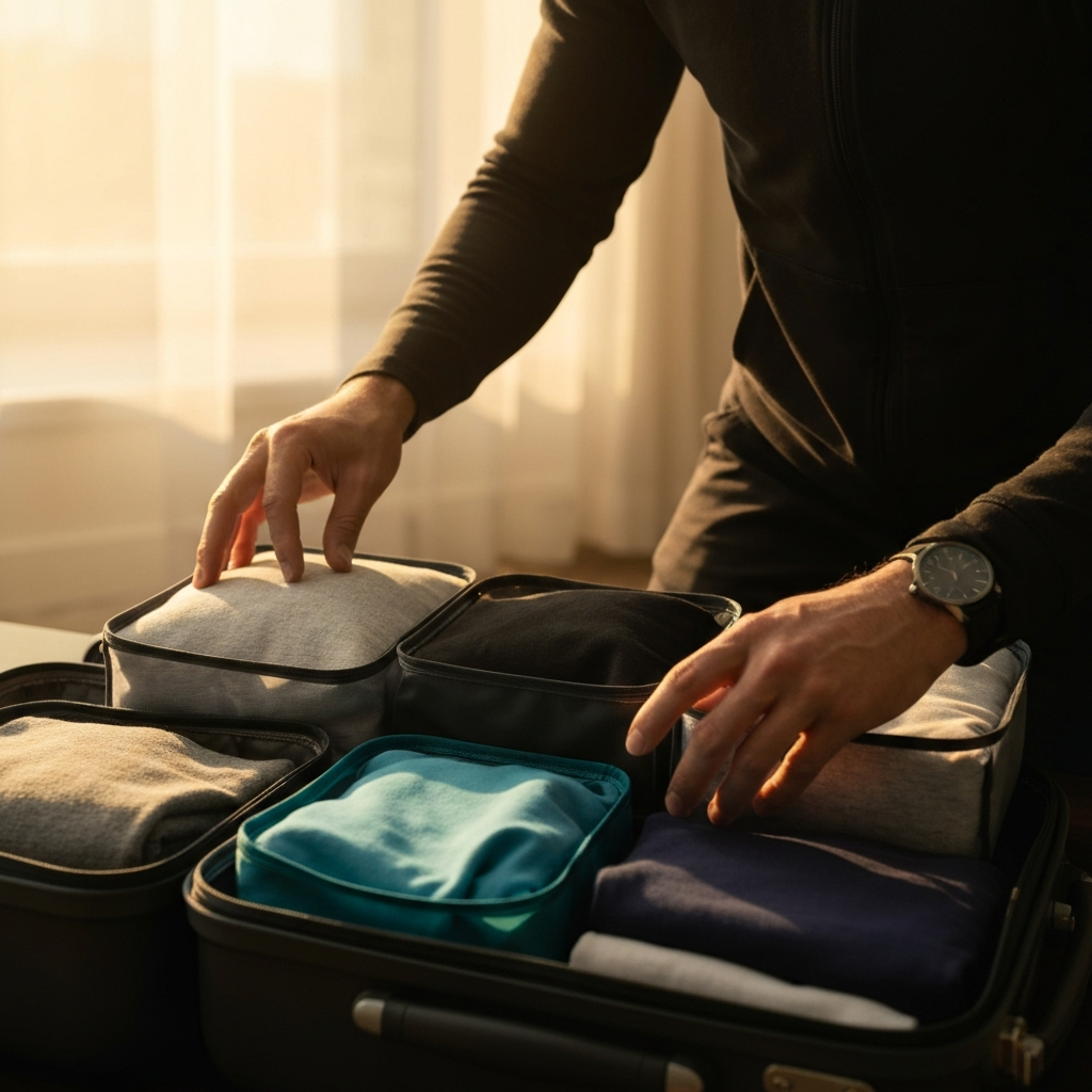 A person carefully rolling clothes and placing them into packing cubes inside a suitcase. The lighting is bright and even, highlighting the various colors and textures of the clothing.