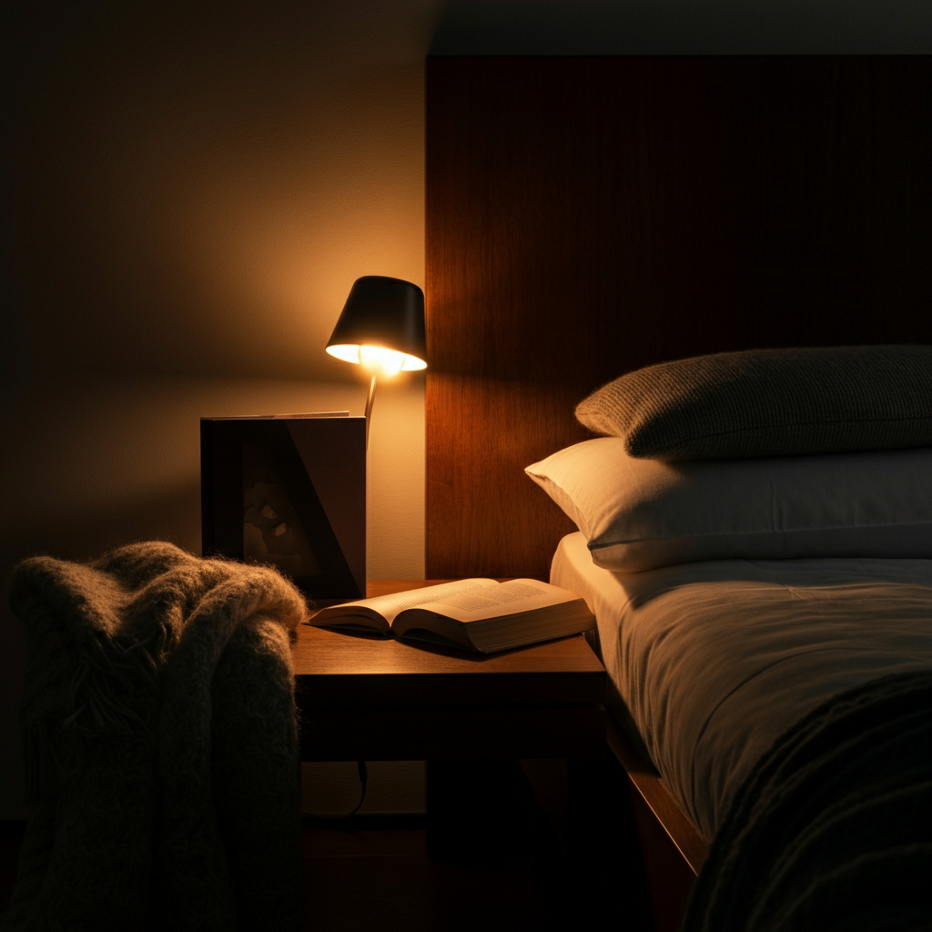 A dimly lit bedroom with a comfortable bed and soft, cozy blankets. A bedside lamp casts a warm glow, creating a relaxing atmosphere. A book rests open on the nightstand.