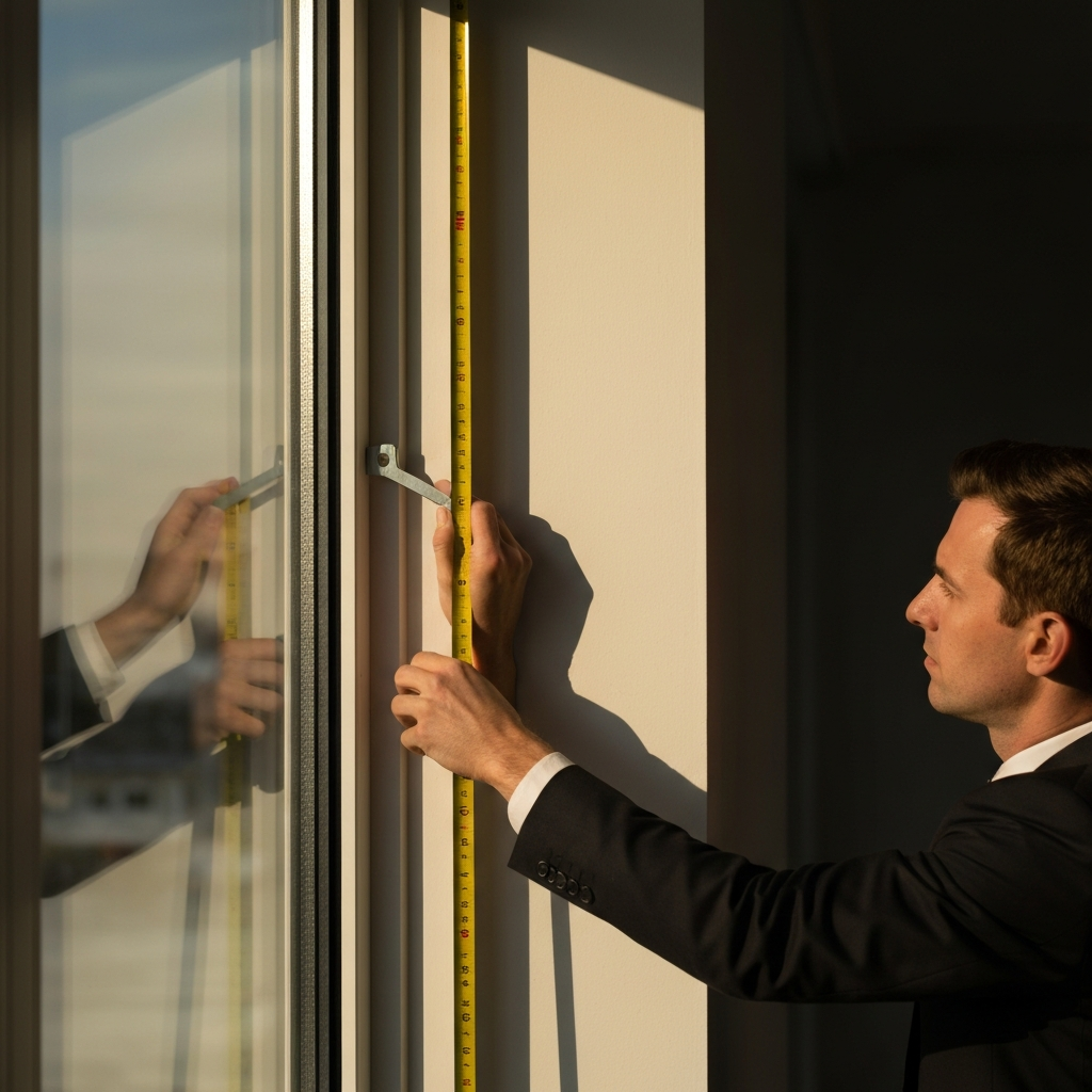 A person measuring a window pane with a metal tape measure, soft focus on the background, golden hour lighting creating long shadows.