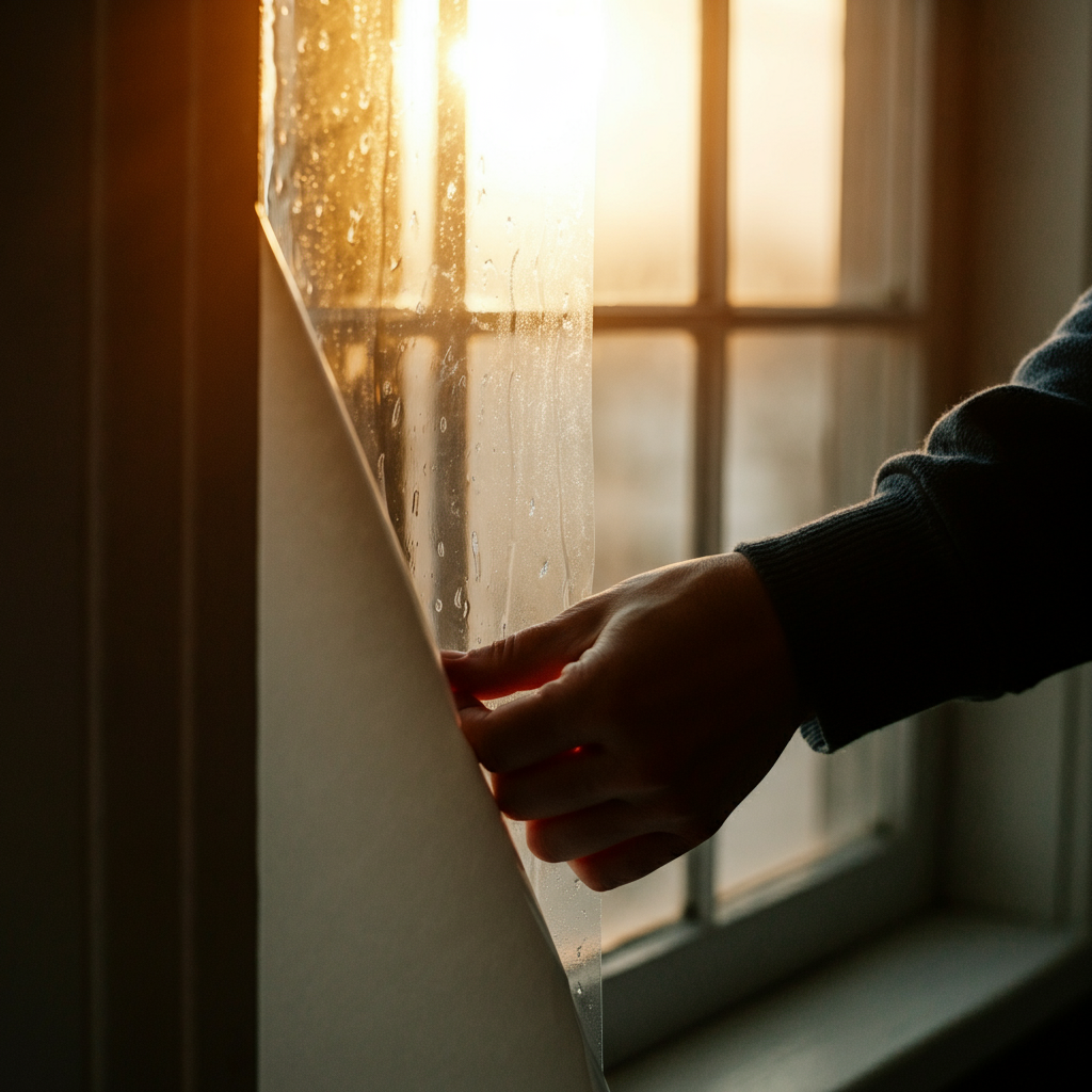 A hand carefully peeling the backing off window film, soft bokeh in the background showing a brightly lit window.