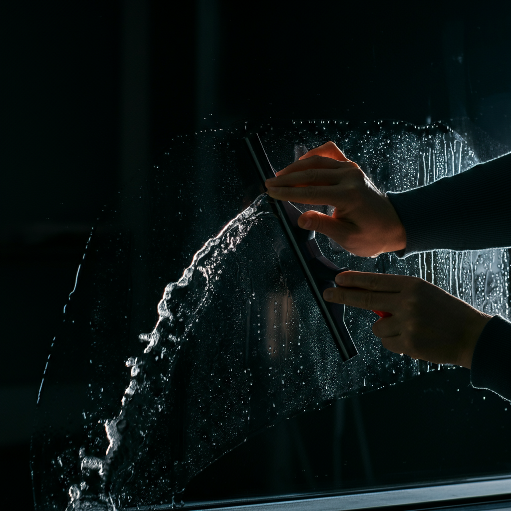 A person using a squeegee on window film, side-lit to highlight the water being pushed out, with emphasis on the clean lines of the squeegee.