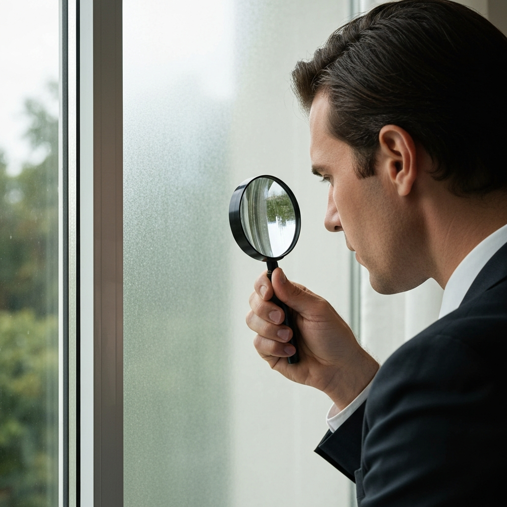 A person inspecting window film with a magnifying glass, looking for imperfections. Soft, diffused lighting from a window in the background.