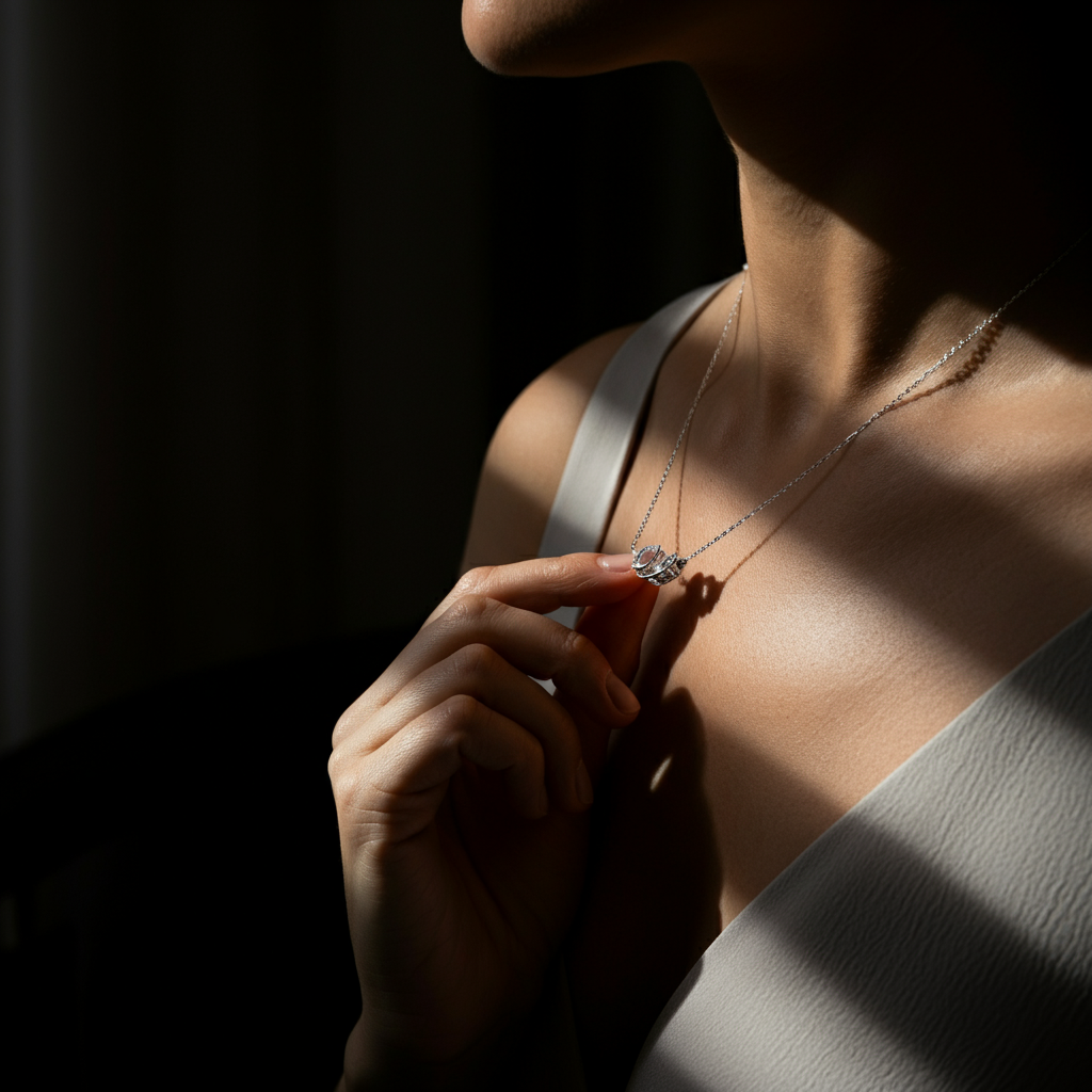 A close-up shot of a woman's hand carefully placing a delicate silver necklace around her neck. The lighting is soft and diffused, highlighting the texture of the silver and the smoothness of her skin.