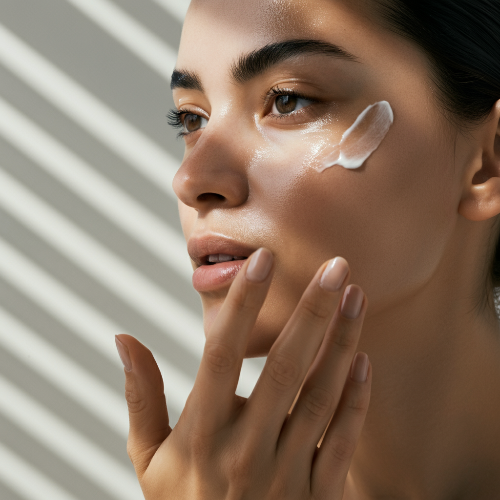 A woman with clear, glowing skin applying moisturizer to her face. The lighting is soft and even, highlighting the texture of her skin. The background is blurred, focusing attention on her face.
