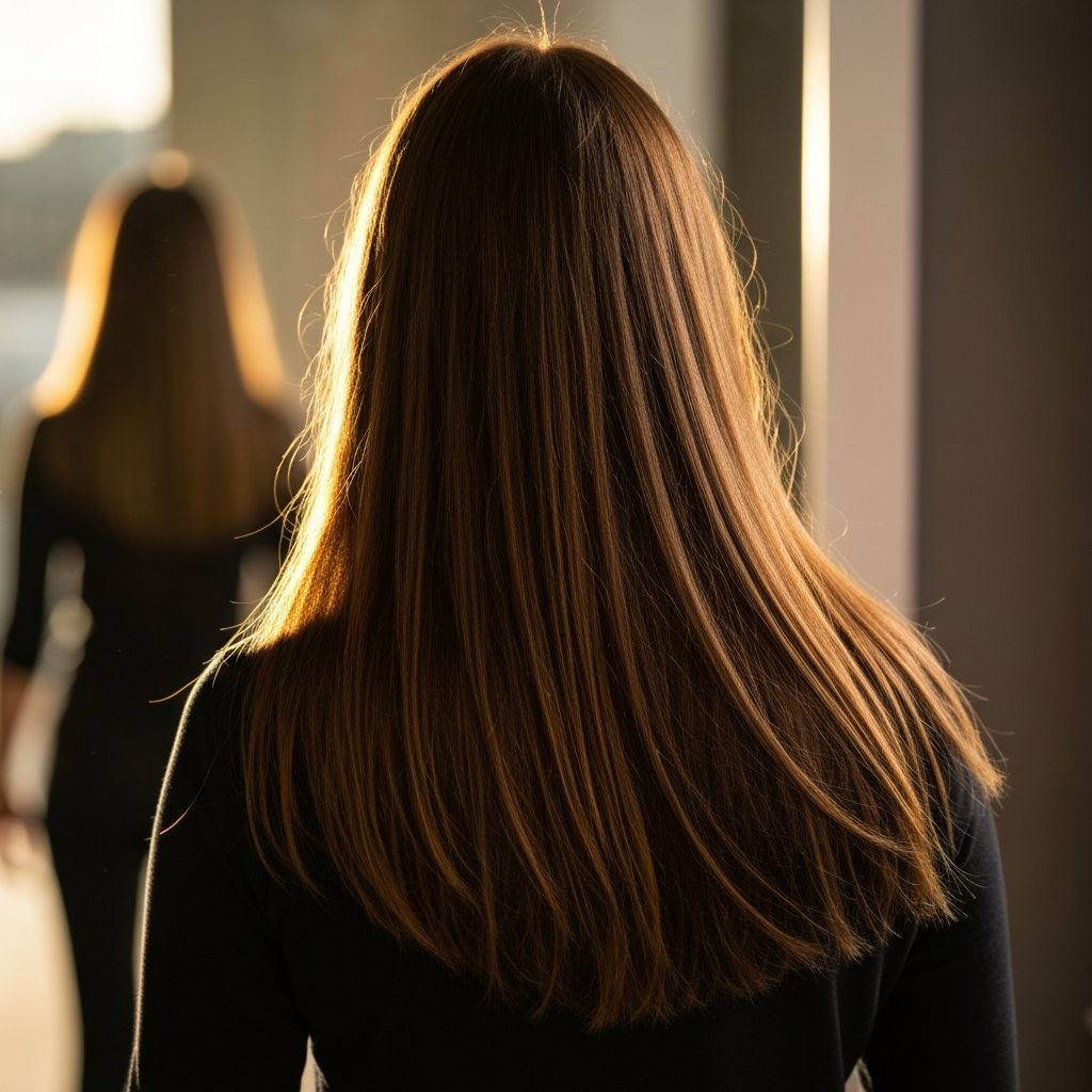 A woman with long, healthy hair standing in front of a mirror. The hair is shiny and well-styled, reflecting the light. The background is blurred, focusing attention on her hair.
