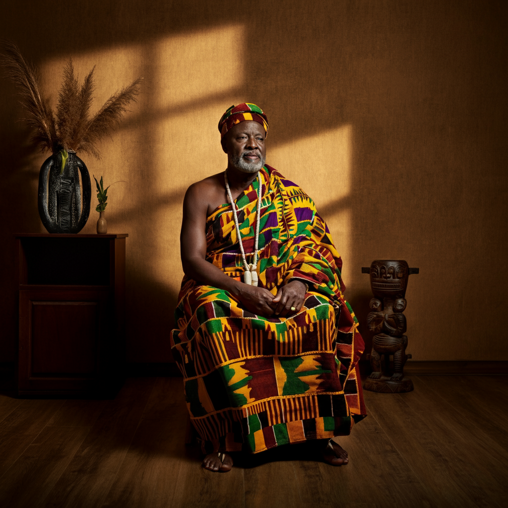 A regal Ghanaian elder, draped in Kente cloth featuring the Adinkrahene symbol, sitting on a carved wooden stool in a traditionally decorated room, lit with warm, natural light.