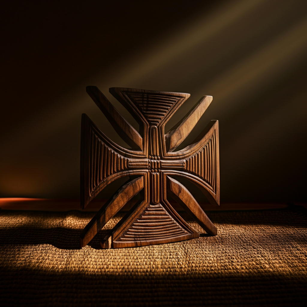 A handcrafted wooden carving of the Gye Nyame symbol, placed on a woven mat in a dimly lit room, with a single shaft of light illuminating the carving's intricate details.