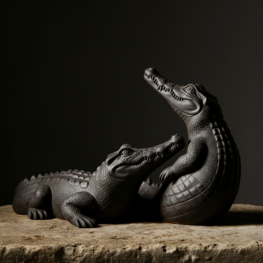 Two stylized crocodile sculptures crafted from dark clay, facing each other with their bodies connected, displayed on a weathered stone surface with natural lighting.