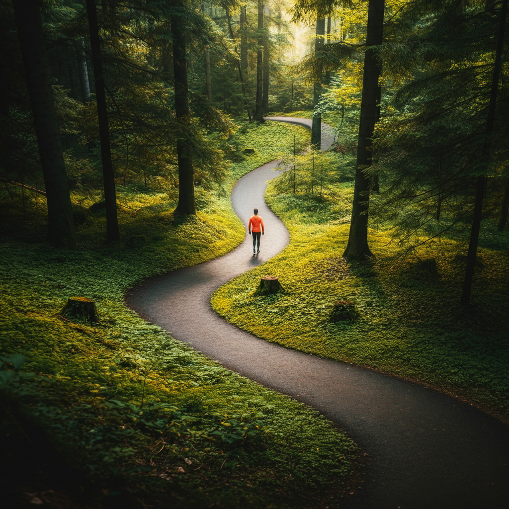 A winding path through a lush green forest, captured from a high angle to emphasize the twisting nature of the trail, bathed in soft, diffused sunlight.