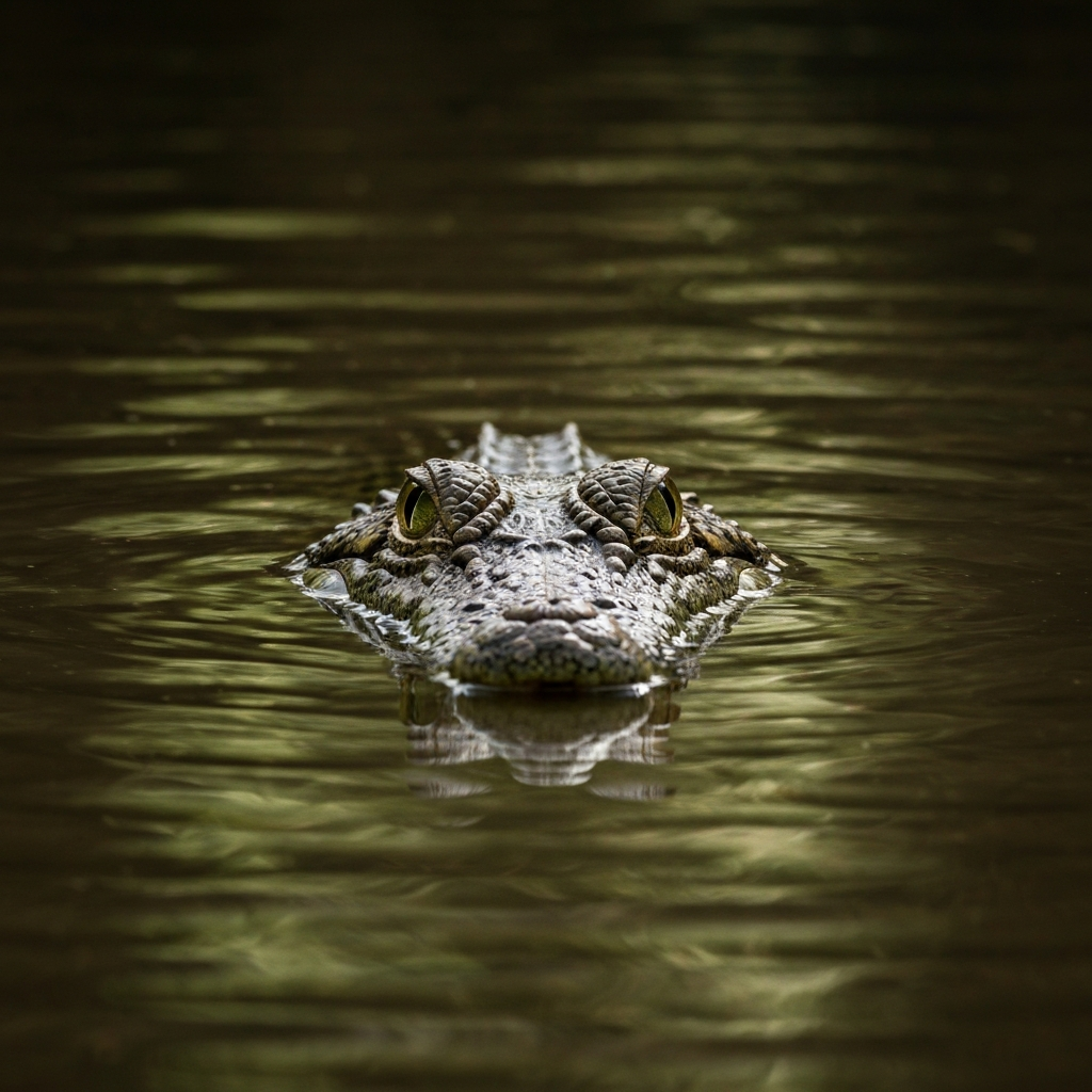 A crocodile partially submerged in a murky river, with its eyes just above the water line, captured in a low-angle shot with dappled sunlight reflecting on the water's surface.