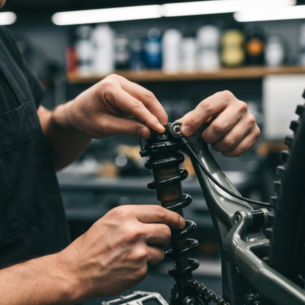 Close-up of a mechanic's hands adjusting the rear shock of a mountain bike. Soft bokeh blurs the background of a well-lit workshop. The focus is on the intricate details of the shock and the tools being used.