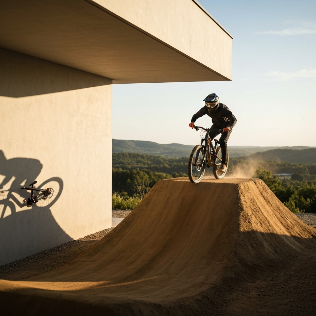 A mountain biker riding towards a small tabletop jump on a sunny day. The biker is wearing a full-face helmet and protective gear. Golden hour lighting casts long shadows and highlights the texture of the dirt jump.