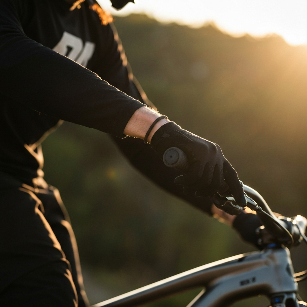 Side-view, slow-motion shot of a mountain biker's hands subtly turning the handlebars just before leaving a jump. The background is blurred, focusing attention on the hand and handlebar movement. Side-lit textures emphasize grip and control.