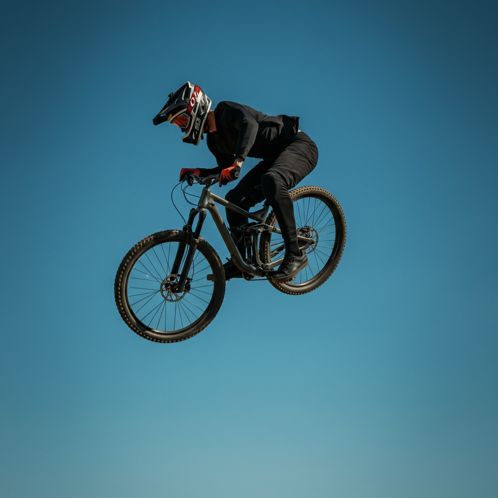 A mountain biker in mid-air, with the rear wheel of the bike rotated sideways in a whip. The rider's body is centered and balanced, with legs extending to control the bike's rotation. The sky is a clear blue, providing a clean background.
