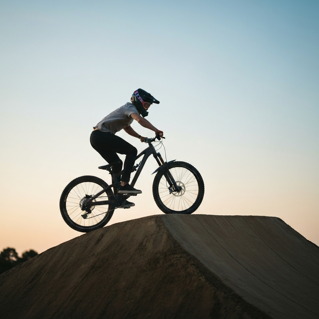 A mountain biker near the peak of a jump, starting to correct a whip. The biker is using subtle body movements to align the bike for landing. The background shows the landing ramp in soft focus.