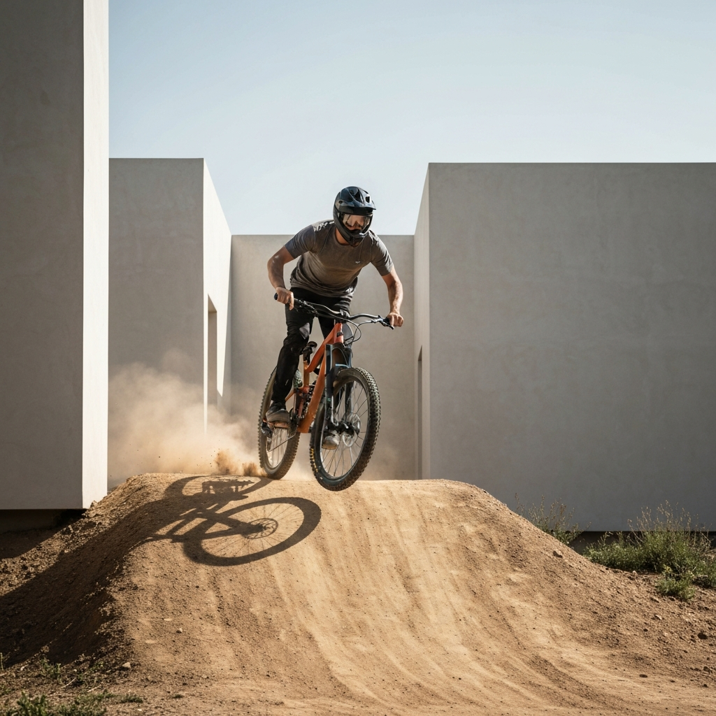 A mountain biker smoothly landing a whip on a dirt jump. Dust kicks up slightly from the tires as the bike absorbs the impact. The rider's body is balanced and controlled, with a look of confidence.