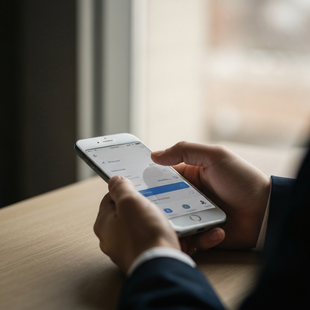 Close-up of a hand scrolling through an airline's mobile app on a smartphone, the screen displaying mileage upgrade options. Soft bokeh in the background, highlighting the phone's screen. Natural light streaming from a nearby window.