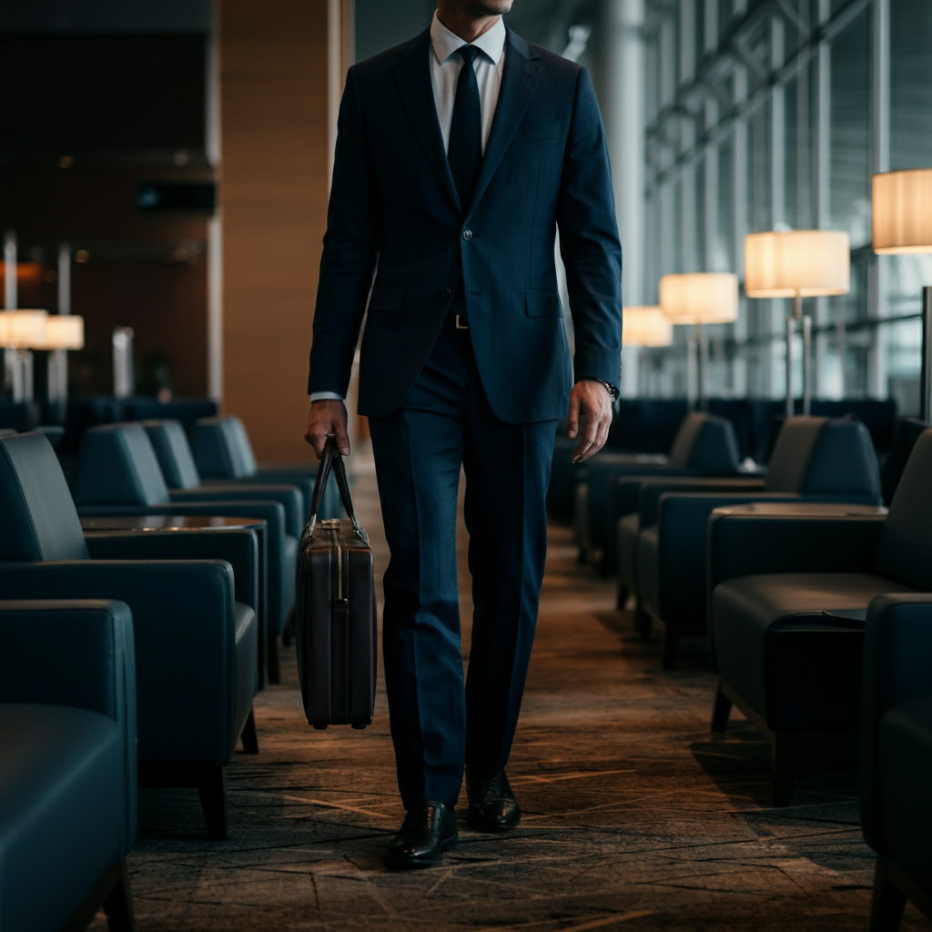A businessman in a tailored suit walking through an airport lounge, holding a boarding pass. Side-lit textures on his jacket and briefcase. The lounge is softly lit with warm, inviting colors.