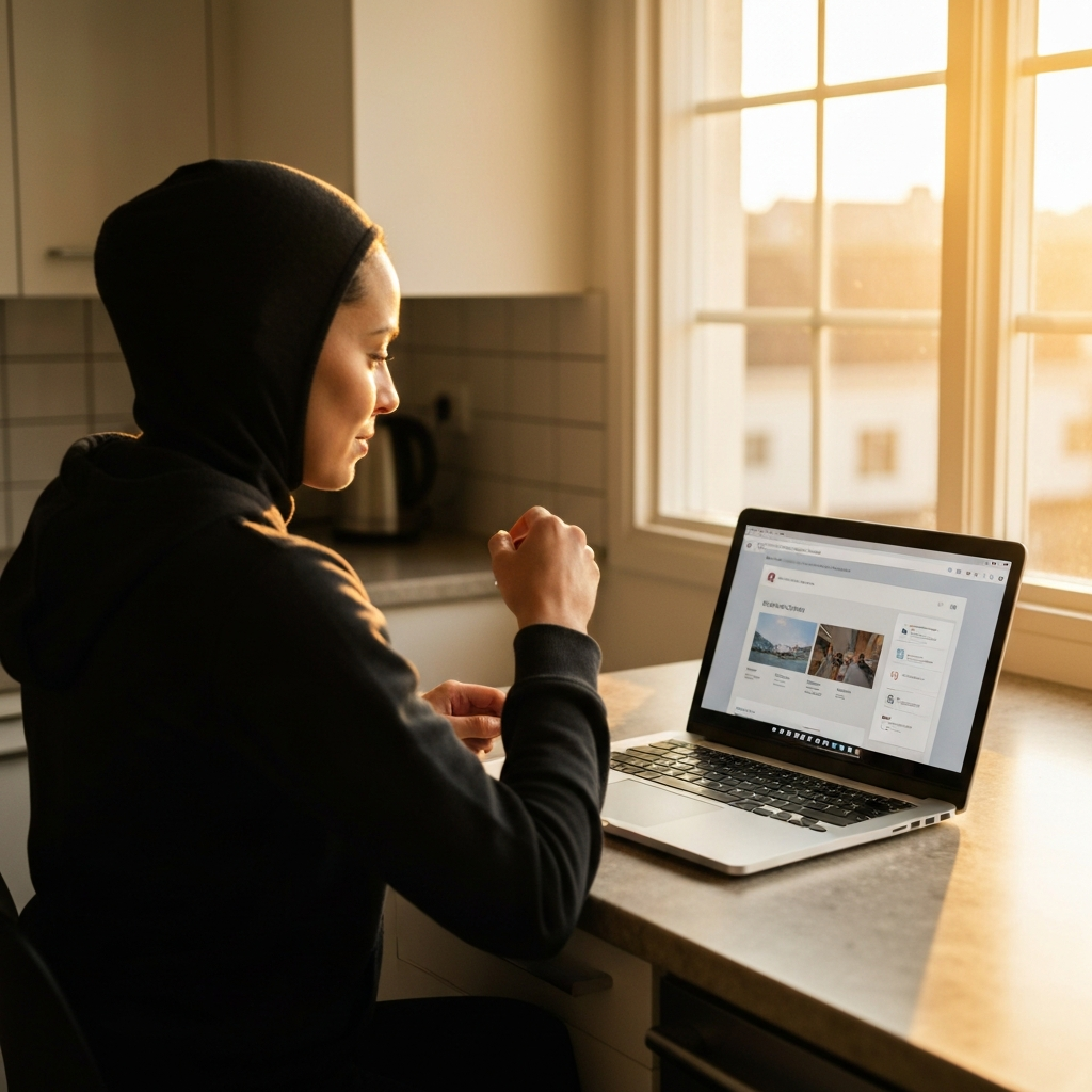 A woman sitting at a laptop in a brightly lit kitchen, focused on checking in for her flight. Golden hour lighting from the window creates a warm and inviting atmosphere. The laptop screen is clearly visible, showcasing the online check-in page.