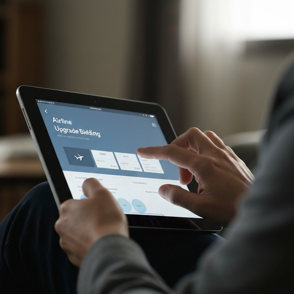 A hand hovering over a tablet displaying an airline's upgrade bidding interface. The lighting is soft and focused on the tablet screen. The background is blurred, suggesting a comfortable living room setting.