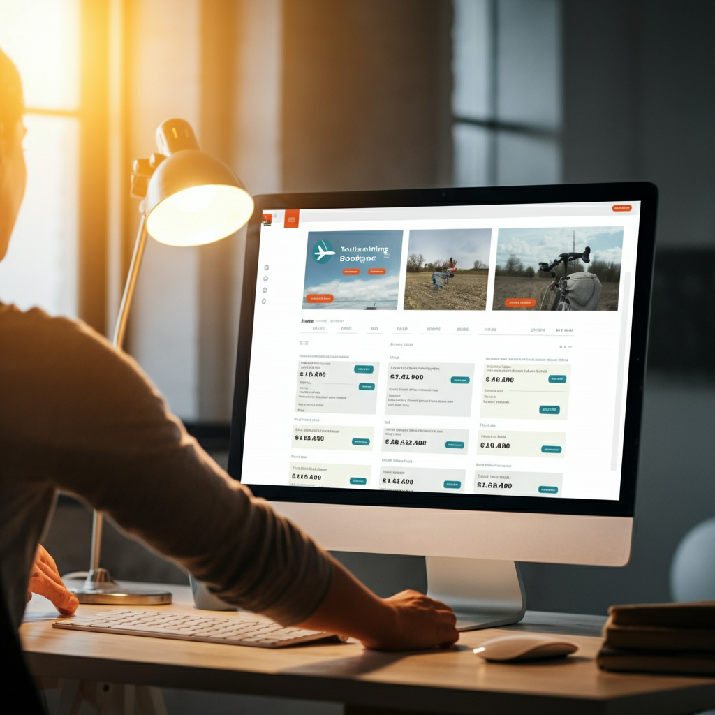 A computer screen displaying an airline booking website with various flight options and prices. The screen is well-lit and easy to read. The background is a blurred home office setting.