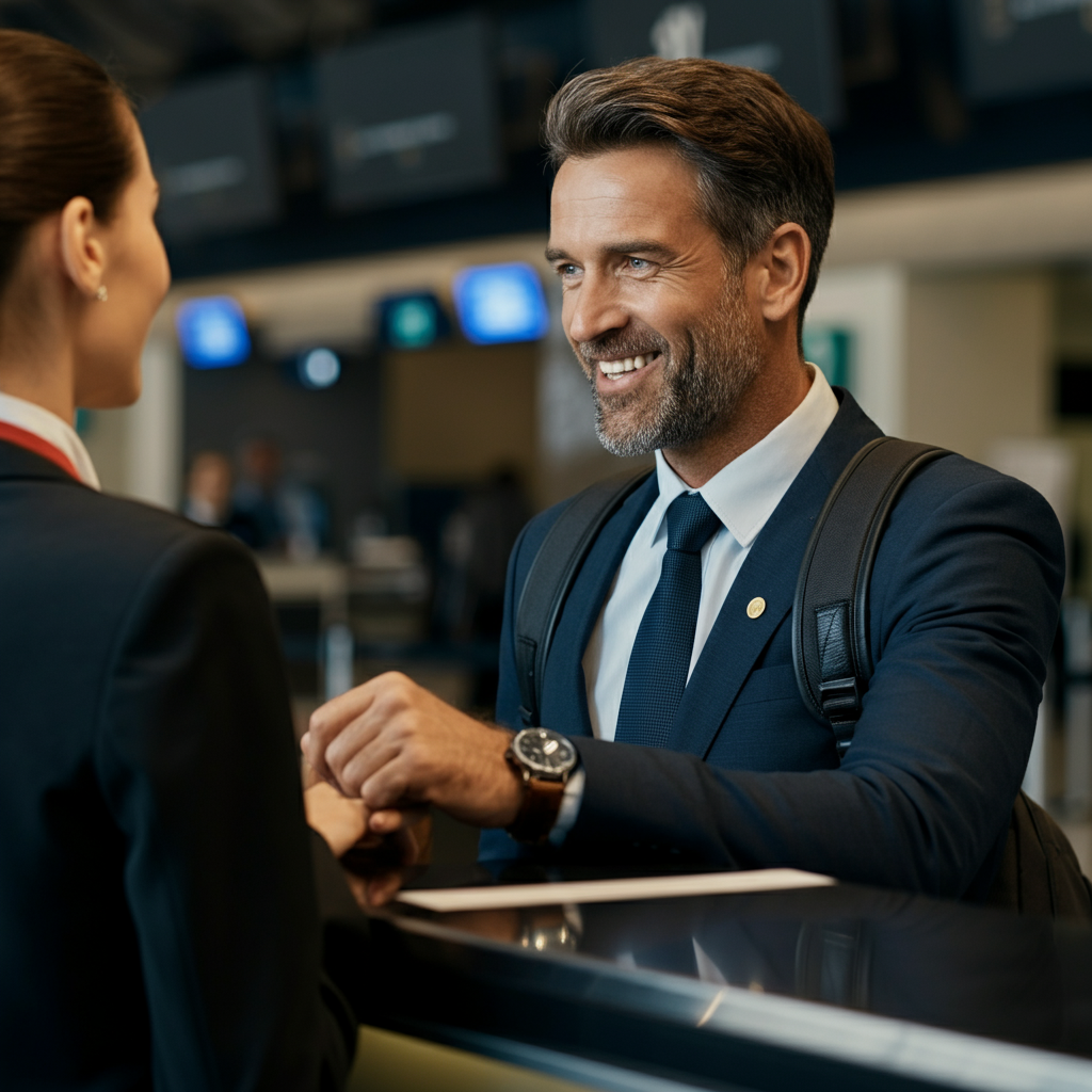 A well-dressed traveler smiling and engaging in conversation with a check-in agent at an airport counter. The scene is well-lit, capturing the friendly interaction. The background is a clean and modern airport setting.