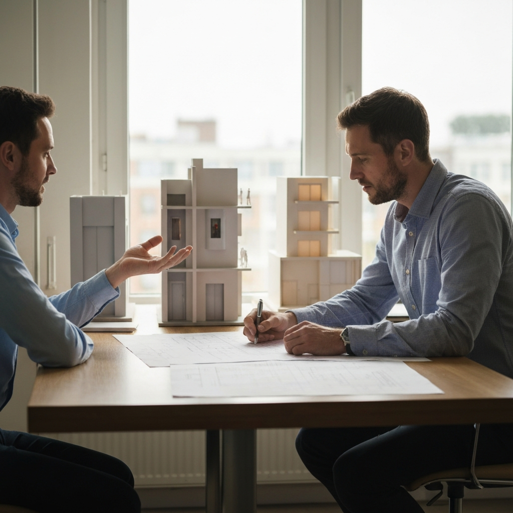 Architect in a brightly lit office, reviewing blueprints spread across a large table, a client sits opposite, discussing specific elevator features, sunlight streams through a nearby window, highlighting the textures of the architectural models on display.