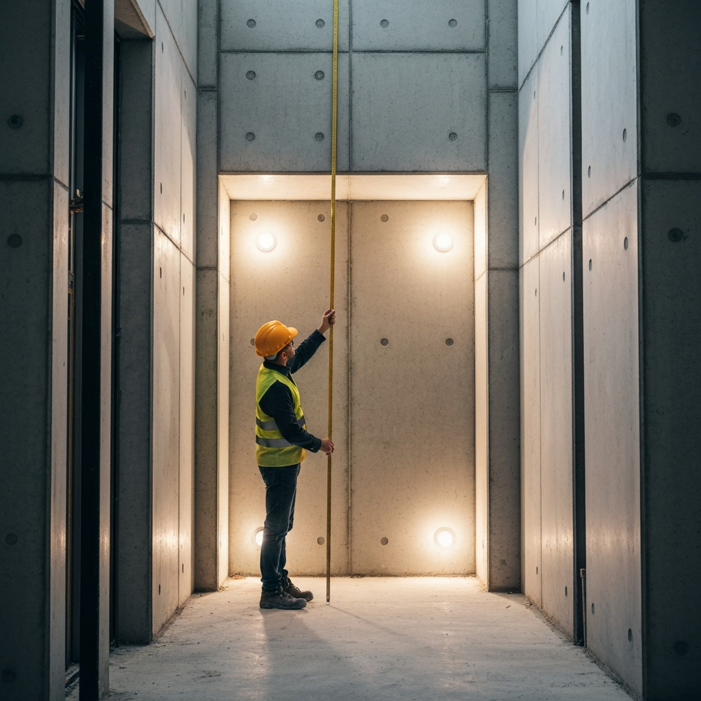 Construction worker wearing a hard hat and reflective vest, using a measuring tape to assess the dimensions of an elevator shaft under construction, the concrete walls show various textures, and temporary construction lighting illuminates the interior.