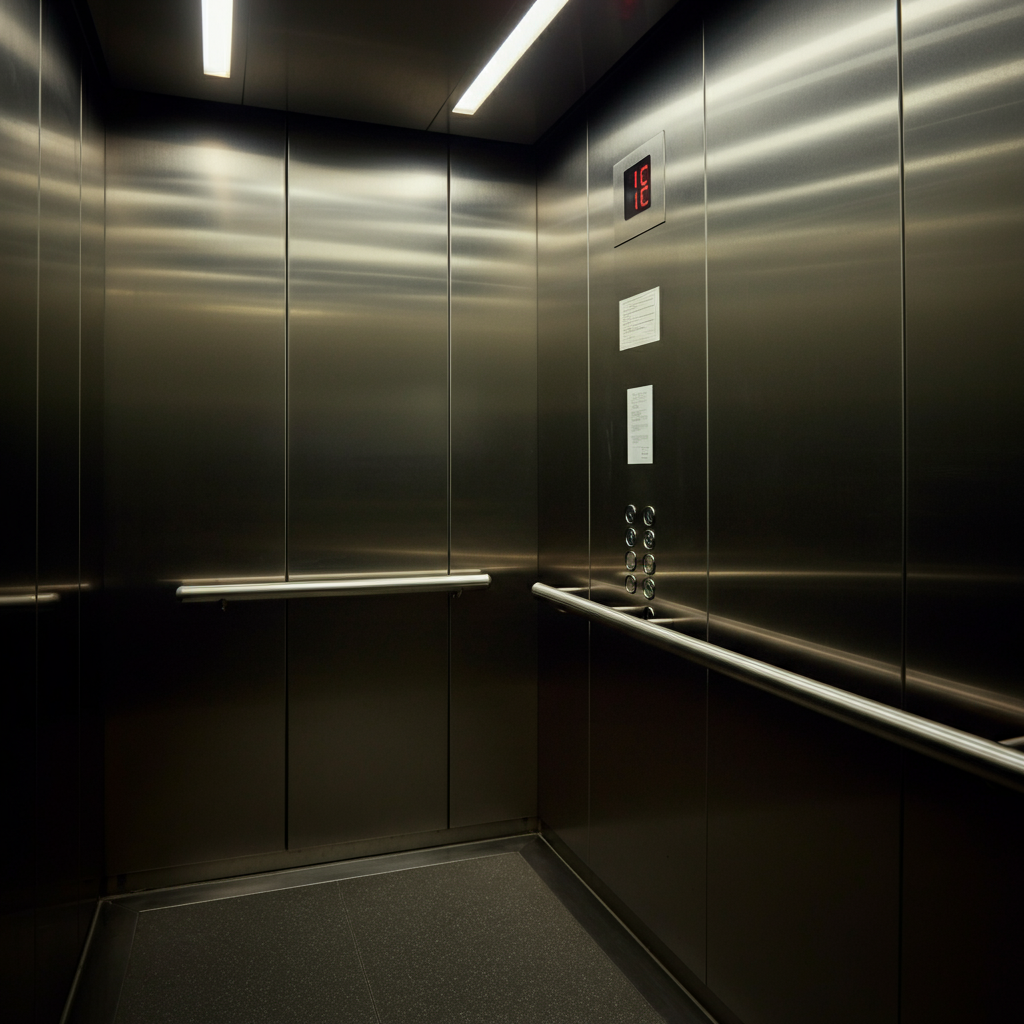 Interior shot of a modern elevator cab, polished steel doors reflect soft interior lighting, illuminated floor buttons glow gently, showcasing a clean and professional design.
