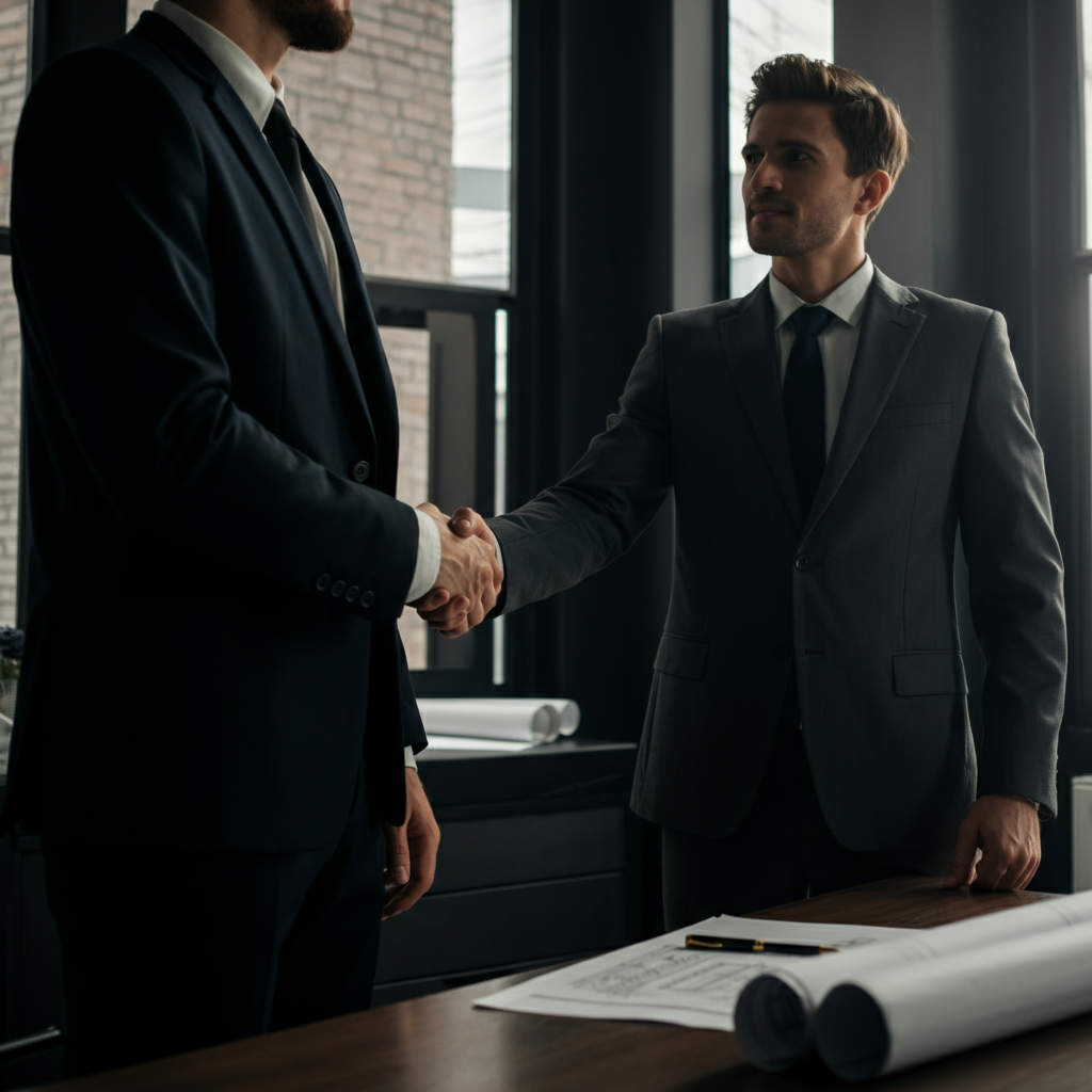 Businessman in a suit shaking hands with an elevator contractor in a professional office setting, documents and blueprints are visible on a desk, natural light filters through the window.