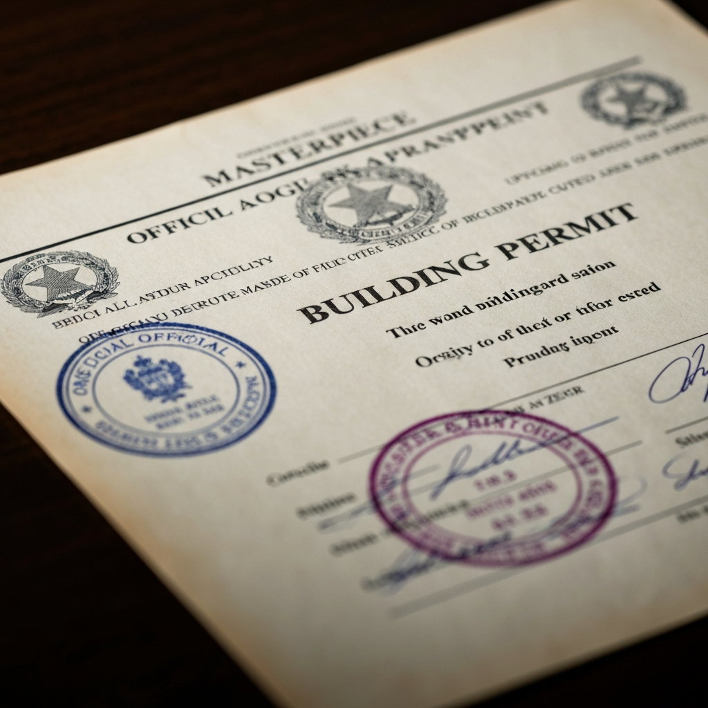 Close-up shot of a building permit document, featuring official seals, stamps, and signatures, the paper has a slightly aged and textured appearance.