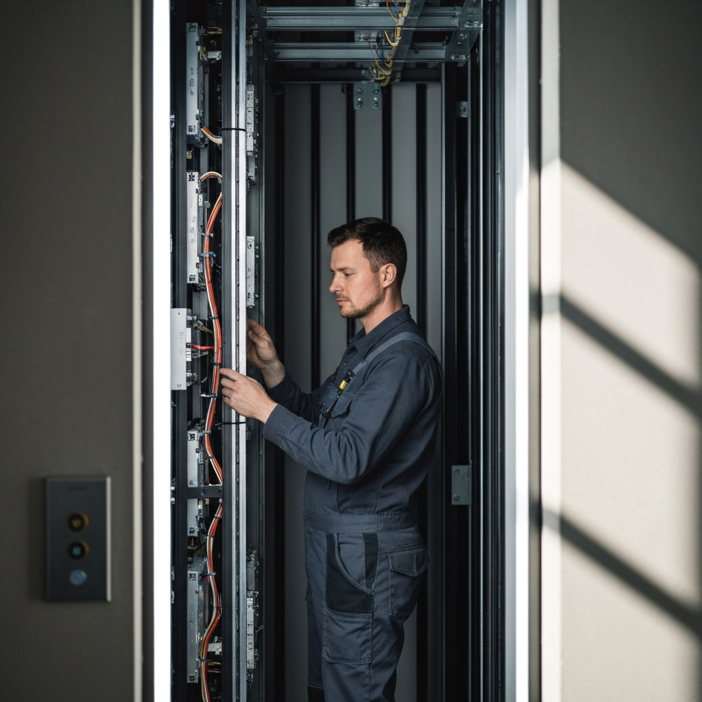 Elevator technician in work clothes, inside an elevator shaft during installation, examining wiring and mechanical components with a focused expression, side-lit textures highlight the industrial nature of the environment.