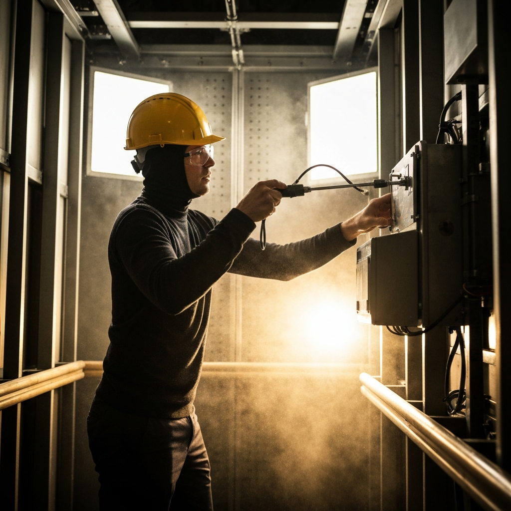 Elevator inspector wearing a hard hat, using specialized equipment to test the safety mechanisms inside an elevator machine room, dust particles are visible in the air shaft with bright professional lighting.
