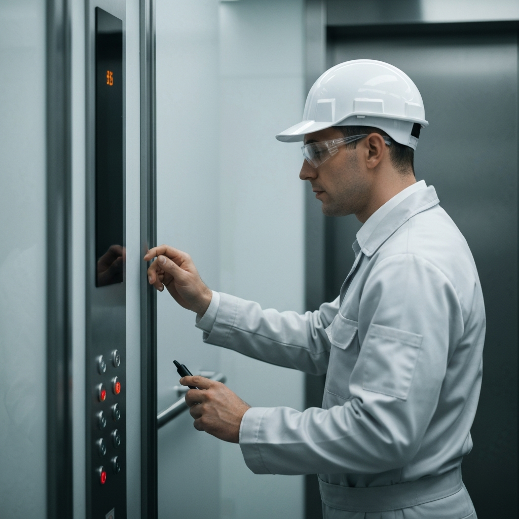 An elevator maintenance worker, dressed in a clean uniform, checking the control panel of an elevator in a modern building, soft bokeh blurs the background, emphasizing the professional environment.