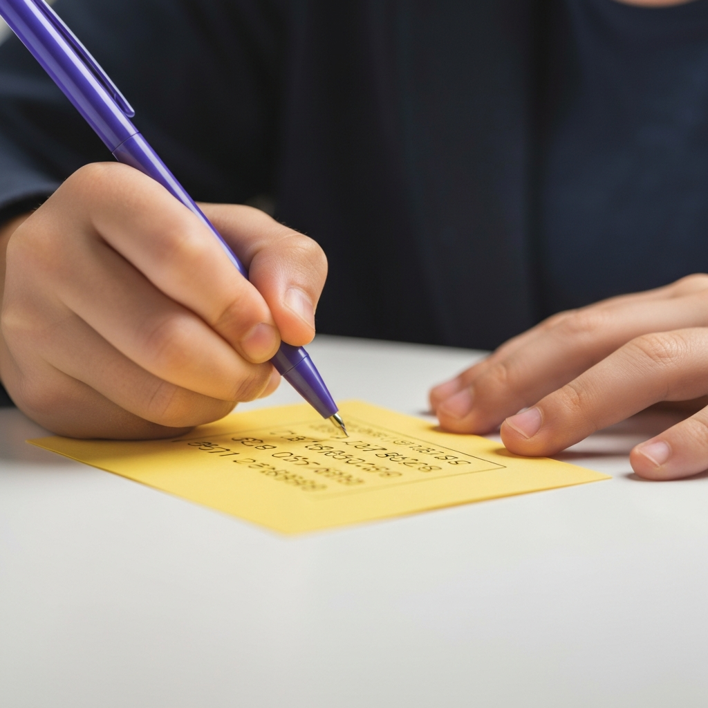 A close-up shot of a child's hand carefully writing phone numbers on a bright index card with a colorful pen. Soft, diffused light illuminates the card and the child's hand. Focus on the textures of the paper and pen.