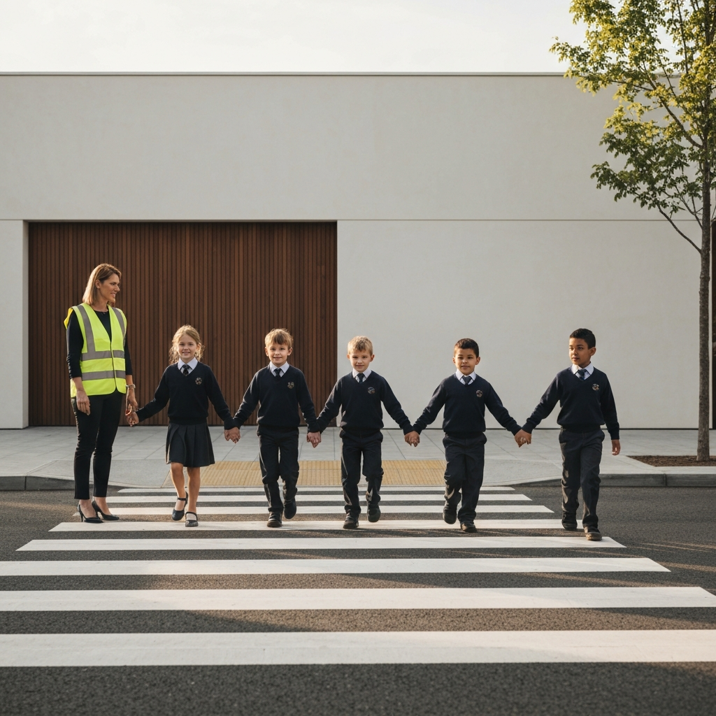 A medium shot of a group of school children holding hands and carefully crossing a street at a crosswalk. A teacher stands nearby supervising, wearing a bright safety vest. The scene is bathed in soft afternoon sunlight.