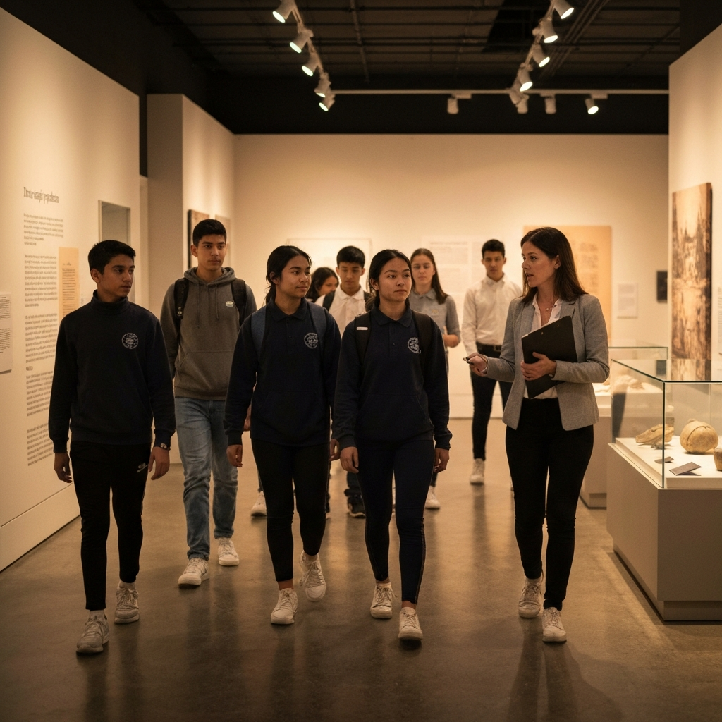 A wide shot of a group of students walking through a museum exhibit, guided by a teacher holding a clipboard. The museum exhibit is softly lit, showcasing historical artifacts. The focus is sharp on the students and teacher.