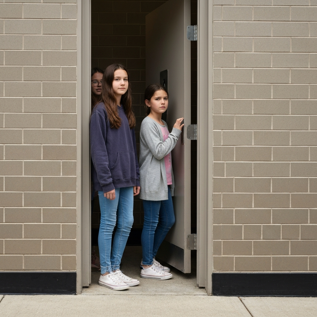 Two pre-teen girls standing outside a restroom door in a public place, one waiting patiently while the other is inside. The light is natural and evenly distributed, capturing the textures of the walls and the girls' clothing.