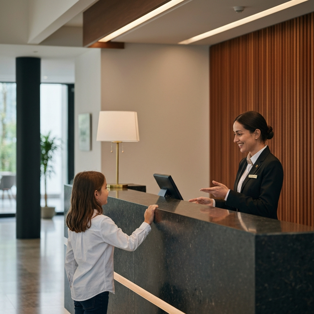 A medium shot of a lost child approaching a uniformed hotel staff member at the front desk. The staff member is smiling reassuringly and gesturing towards a phone. The hotel lobby is softly lit, creating a welcoming atmosphere.