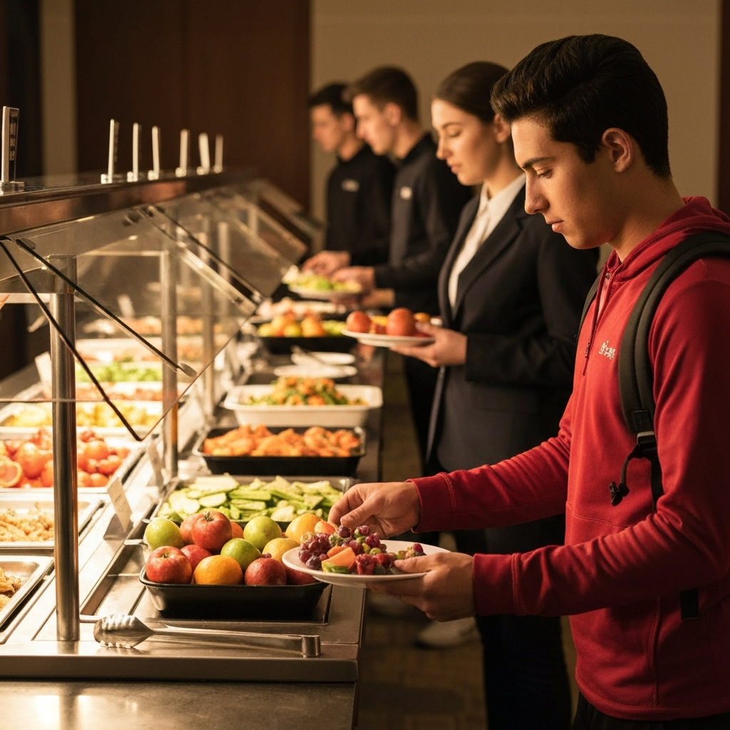 A student selecting a healthy meal from a buffet line in a hotel dining room. The student is choosing fruits and vegetables, while the background shows other students making similar selections. The scene is well-lit, showcasing the vibrant colors of the food.
